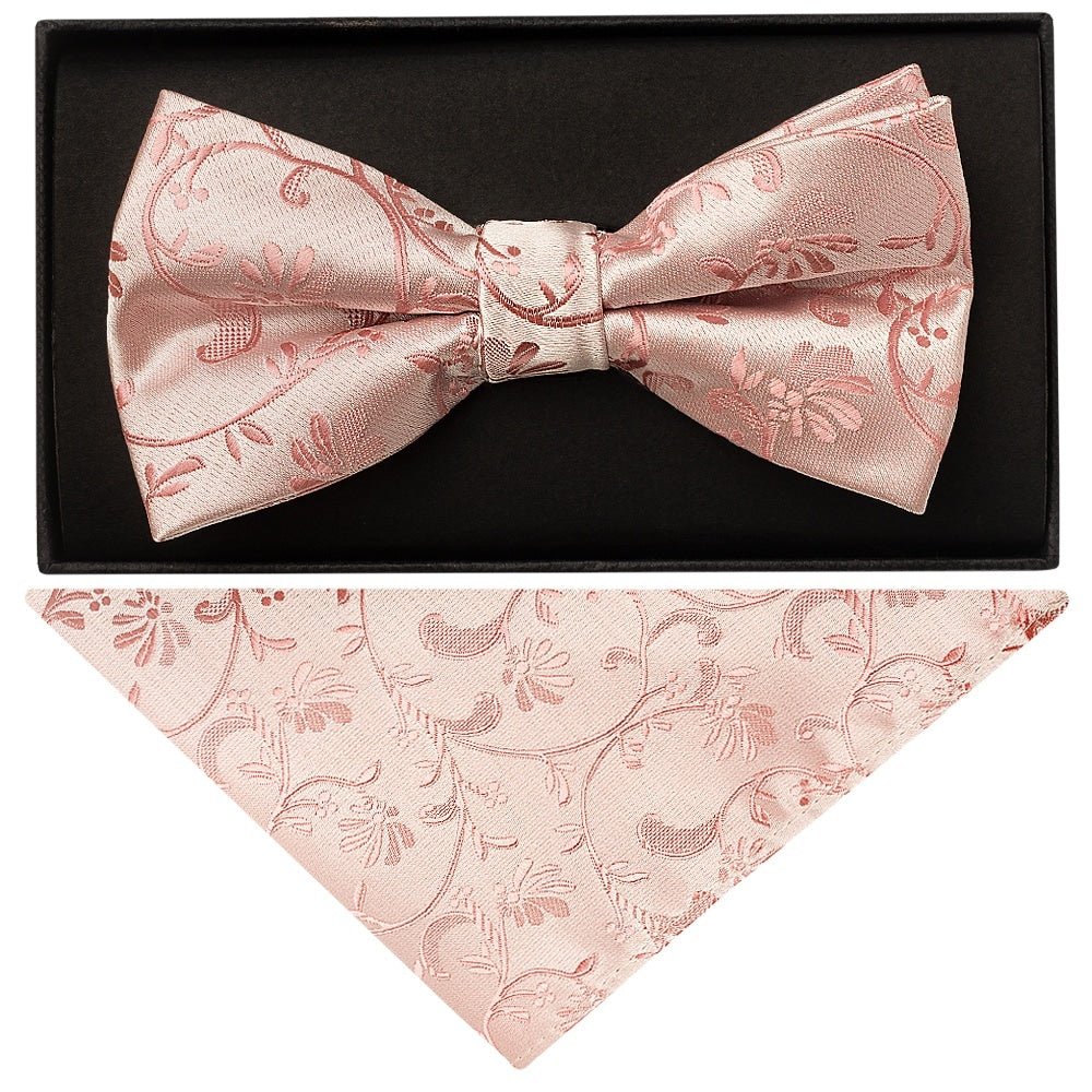 Rose Gold Floral Handmade Mens Bow Tie And Pocket Square Set 1