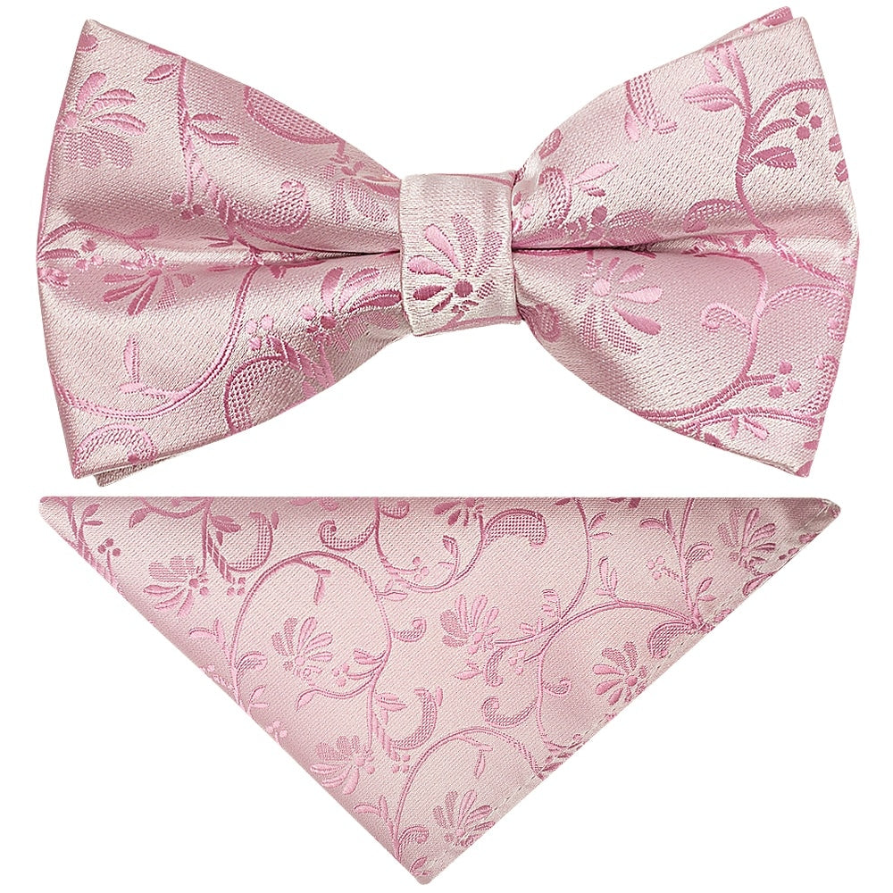 Pre Tied Dusty Pink Floral Boys Bow Tie And Pocket Square Set 1