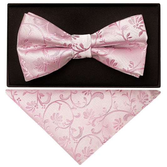 Dusty Pink Floral Handmade Mens Bow Tie And Pocket Square Set 1