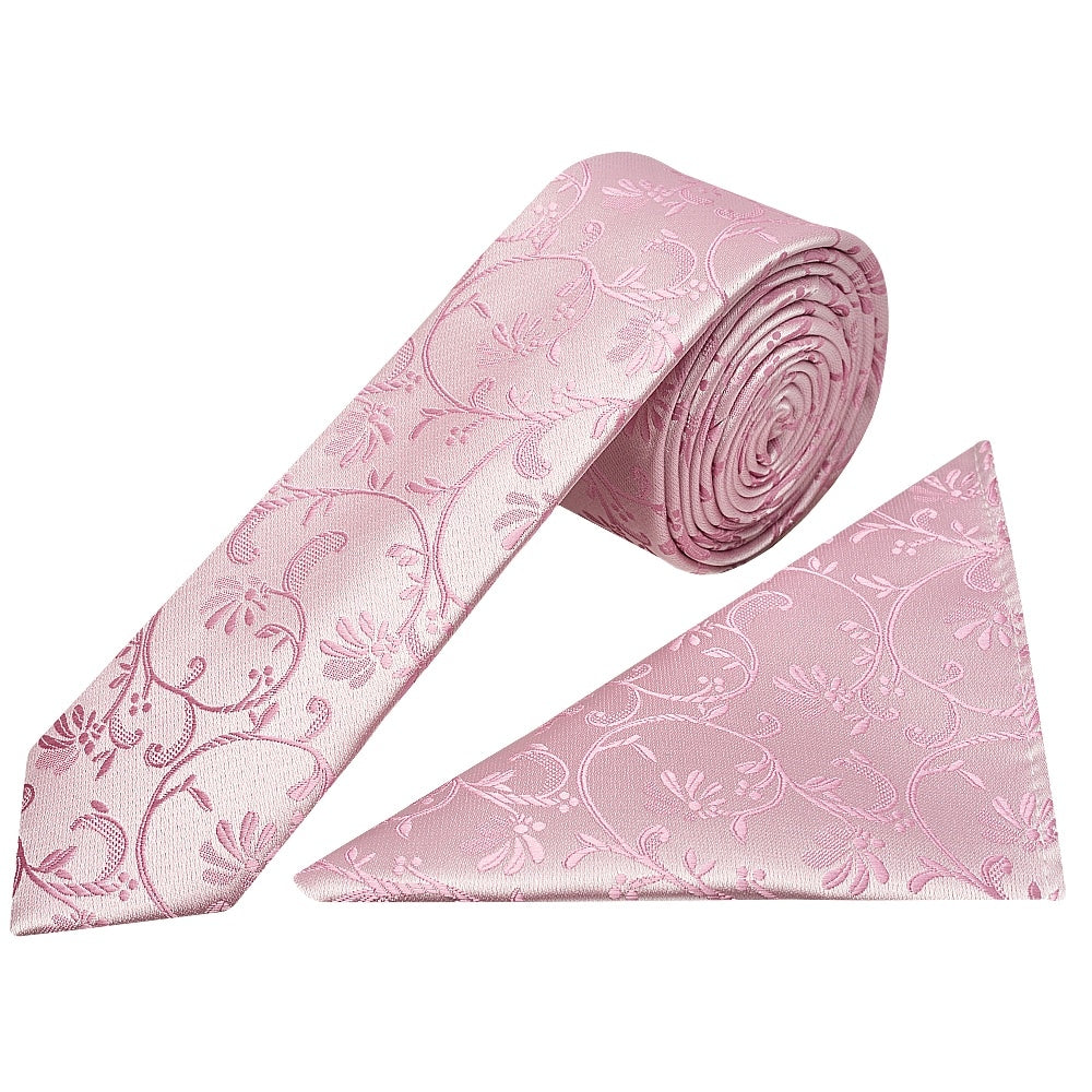 Dusty Pink Floral Skinny Mens Tie And Pocket Square Set 1