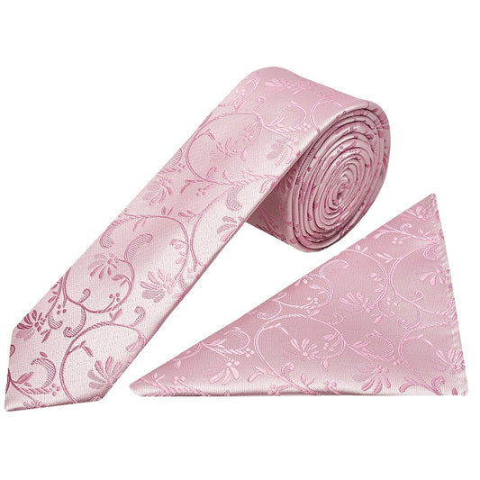 Dusty Pink Floral Skinny Mens Tie And Pocket Square Set 1