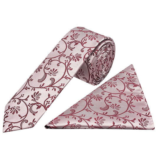 Burgundy Floral Skinny Boys Tie And Pocket Square Set 1