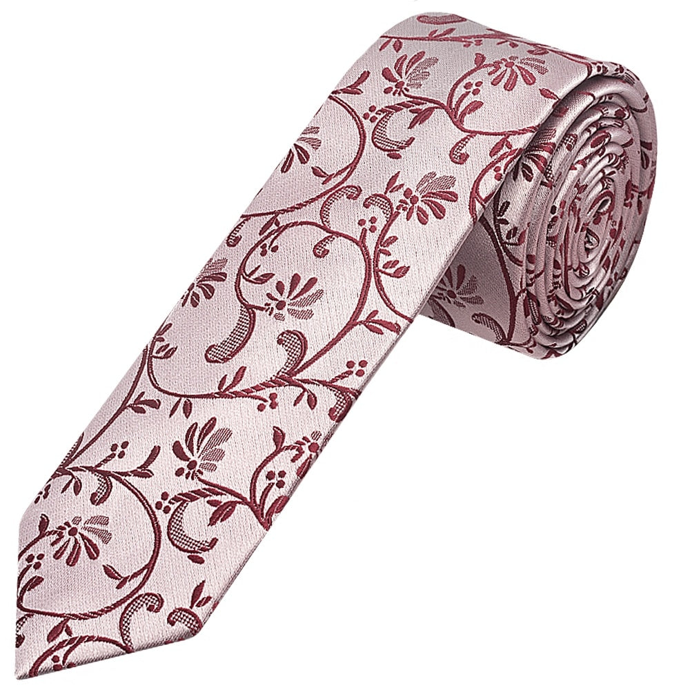 Burgundy Floral Skinny Boys Tie And Pocket Square Set 2