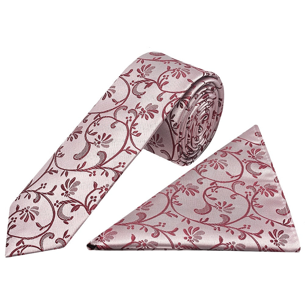 Burgundy Floral Skinny Mens Tie And Pocket Square Set 1
