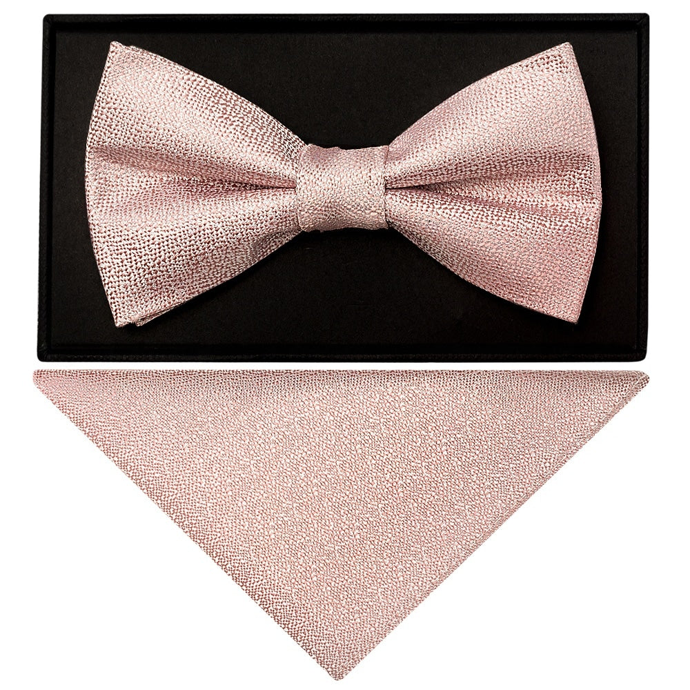 Plain Rose Gold Textured Silk Mens Bow Tie And Pocket Square Set 1