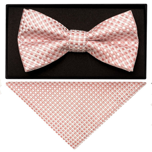 Rose Gold Diamond Neat Mens Bow Tie And Pocket Square Set 1