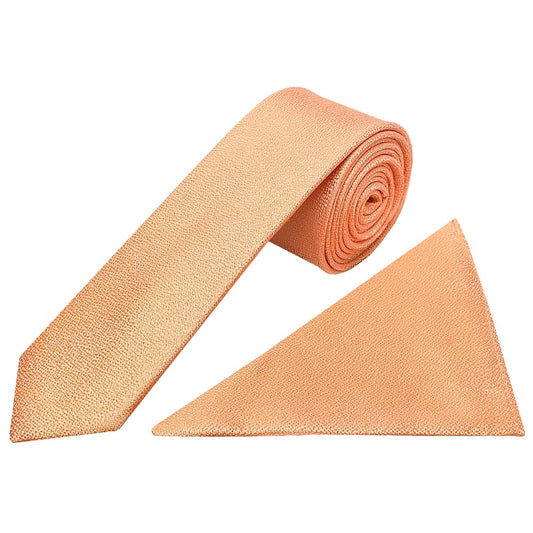 Plain Peach Textured Silk Skinny Mens Tie And Pocket Square Set 1