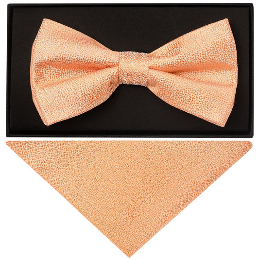 Plain Peach Textured Silk Mens Bow Tie And Pocket Square Set 1