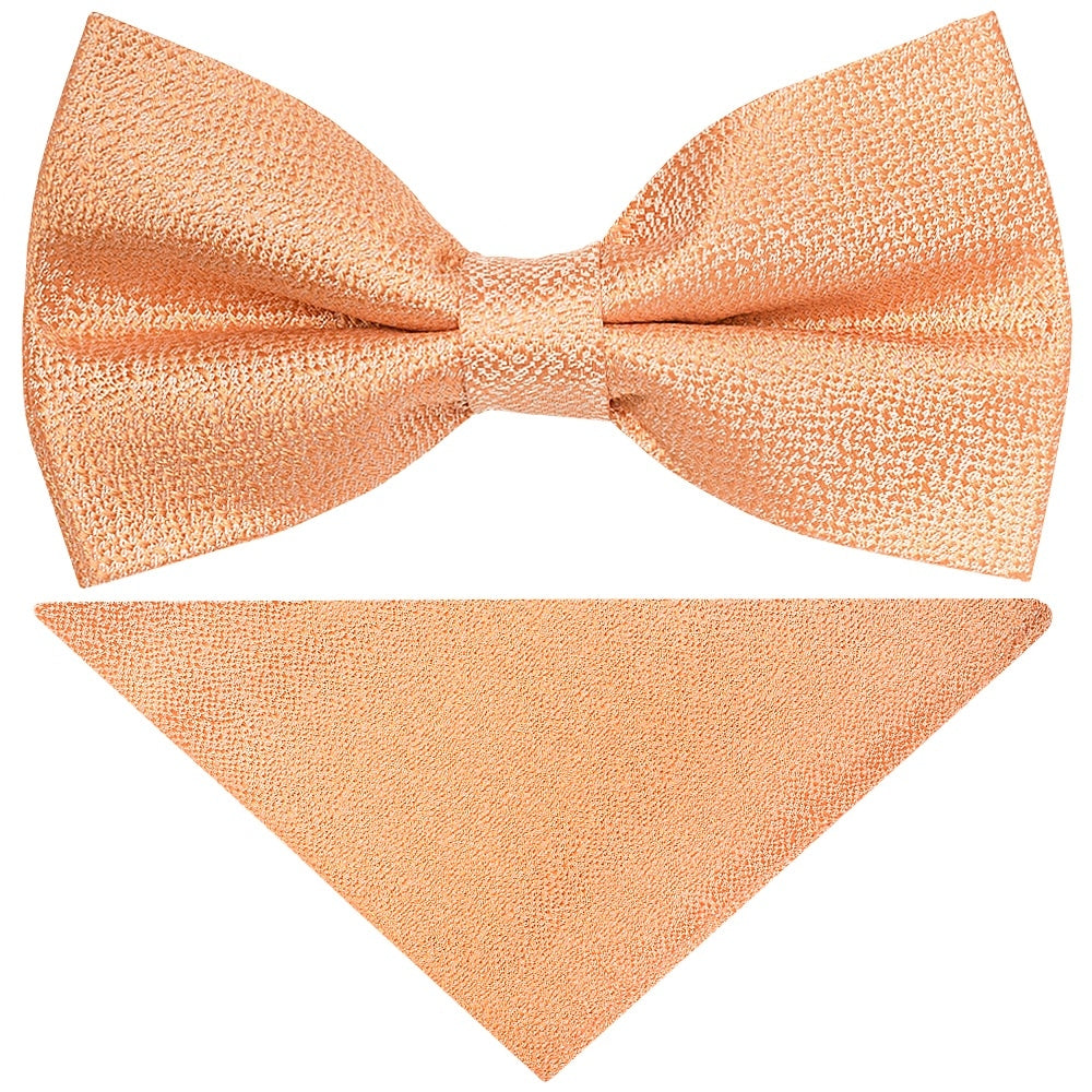 Pre Tied Peach Textured Silk Boys Bow Tie And Pocket Square Set 1