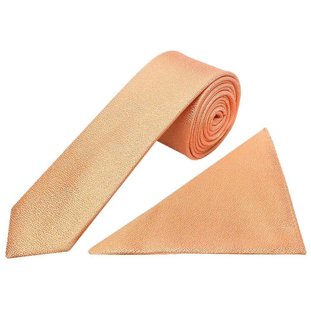 Plain Peach Textured Silk Skinny Boys Tie And Pocket Square Set 1