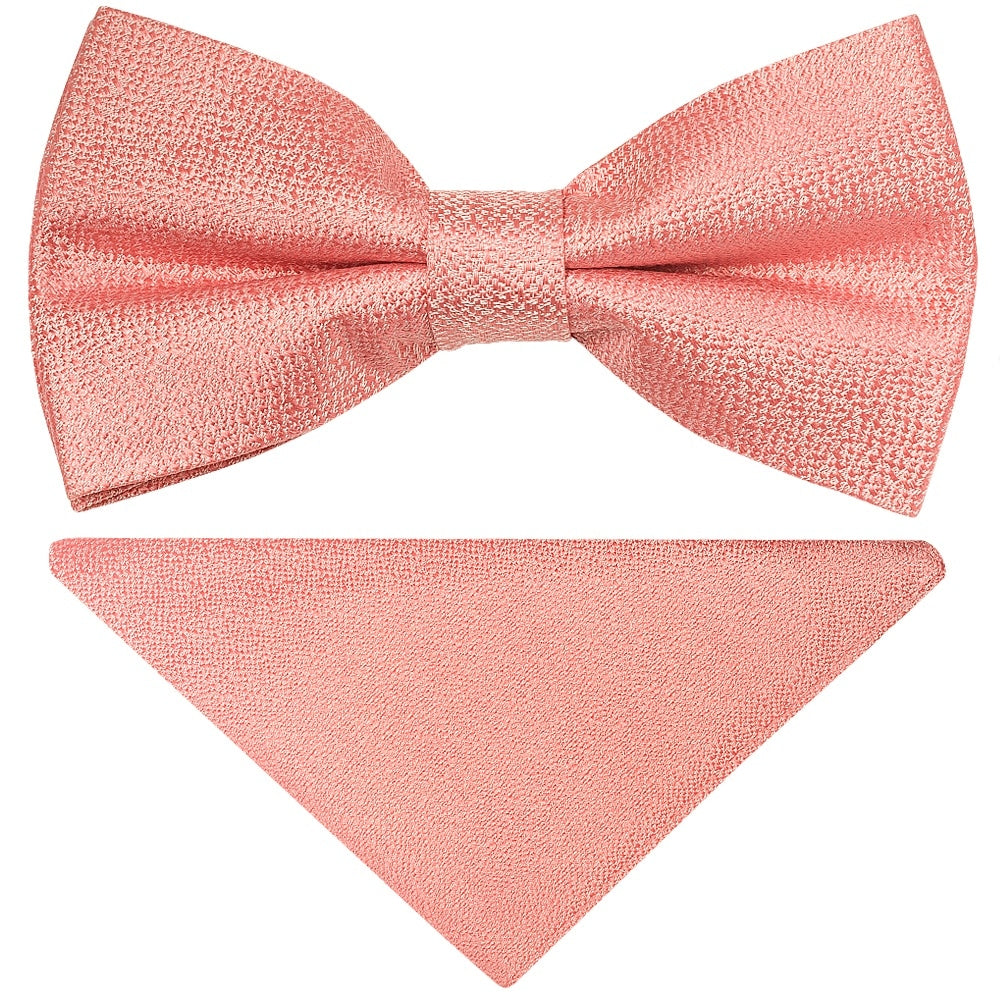 Pre Tied Pink Textured Silk Boys Bow Tie And Pocket Square Set 1