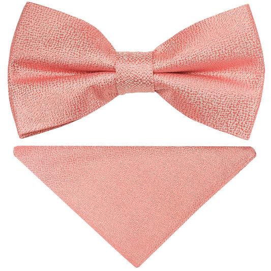 Pre Tied Pink Textured Silk Boys Bow Tie And Pocket Square Set 1