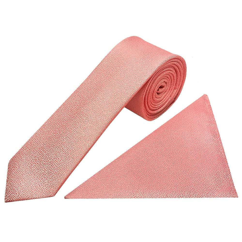 Plain Pink Textured Silk Skinny Mens Tie And Pocket Square Set 1