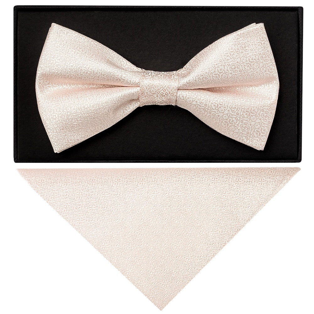 Blush Self Floral Textured Silk Mens Bow Tie And Pocket Square Set 1