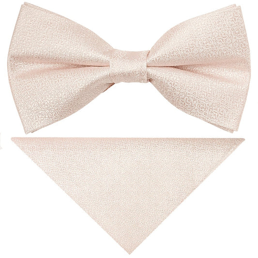 Pre Tied Blush Self Floral Textured Silk Boys Bow Tie And Pocket Square Set 1