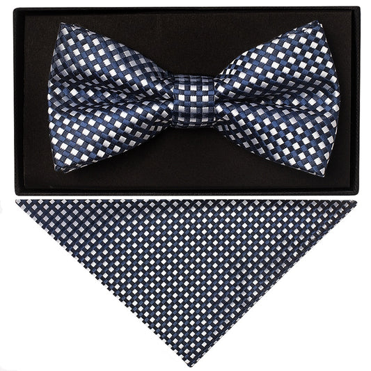 Navy Diamond Neat Mens Bow Tie And Pocket Square Set 1