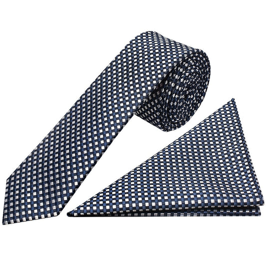 Navy Diamond Neat Skinny Boys Tie And Pocket Square Set 1