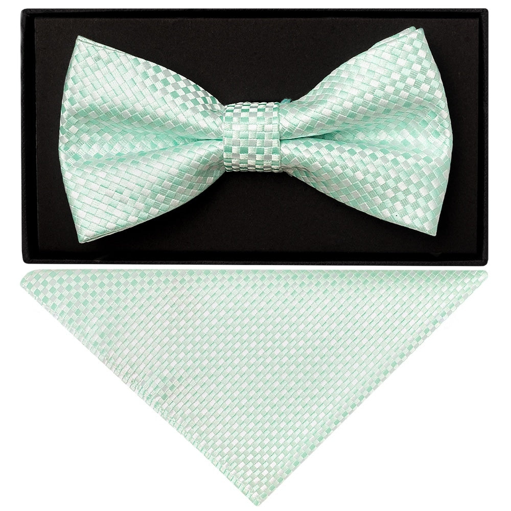 Mint Green Diamond Neat Mens Bow Tie And Pocket Square Set 1