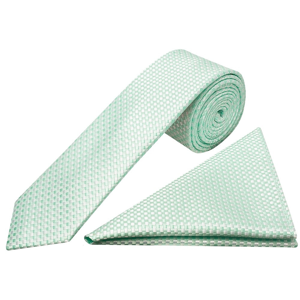 Mint Green Diamond Neat Skinny Mens Tie And Pocket Square Set 1
