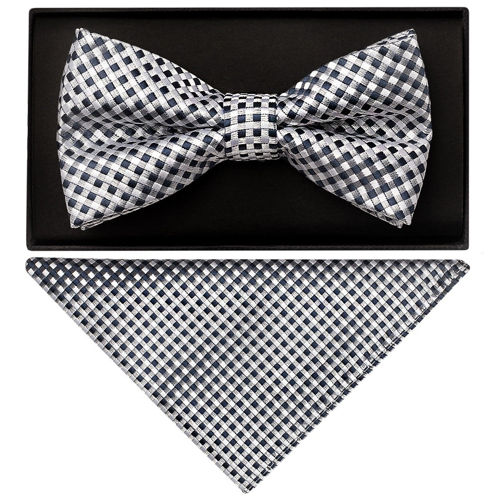 Silver Diamond Neat Mens Bow Tie and Pocket Square Set