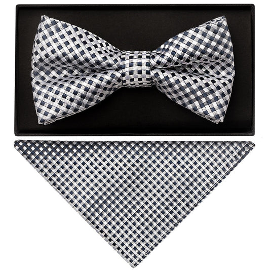 Silver Diamond Neat Mens Bow Tie And Pocket Square Set 1