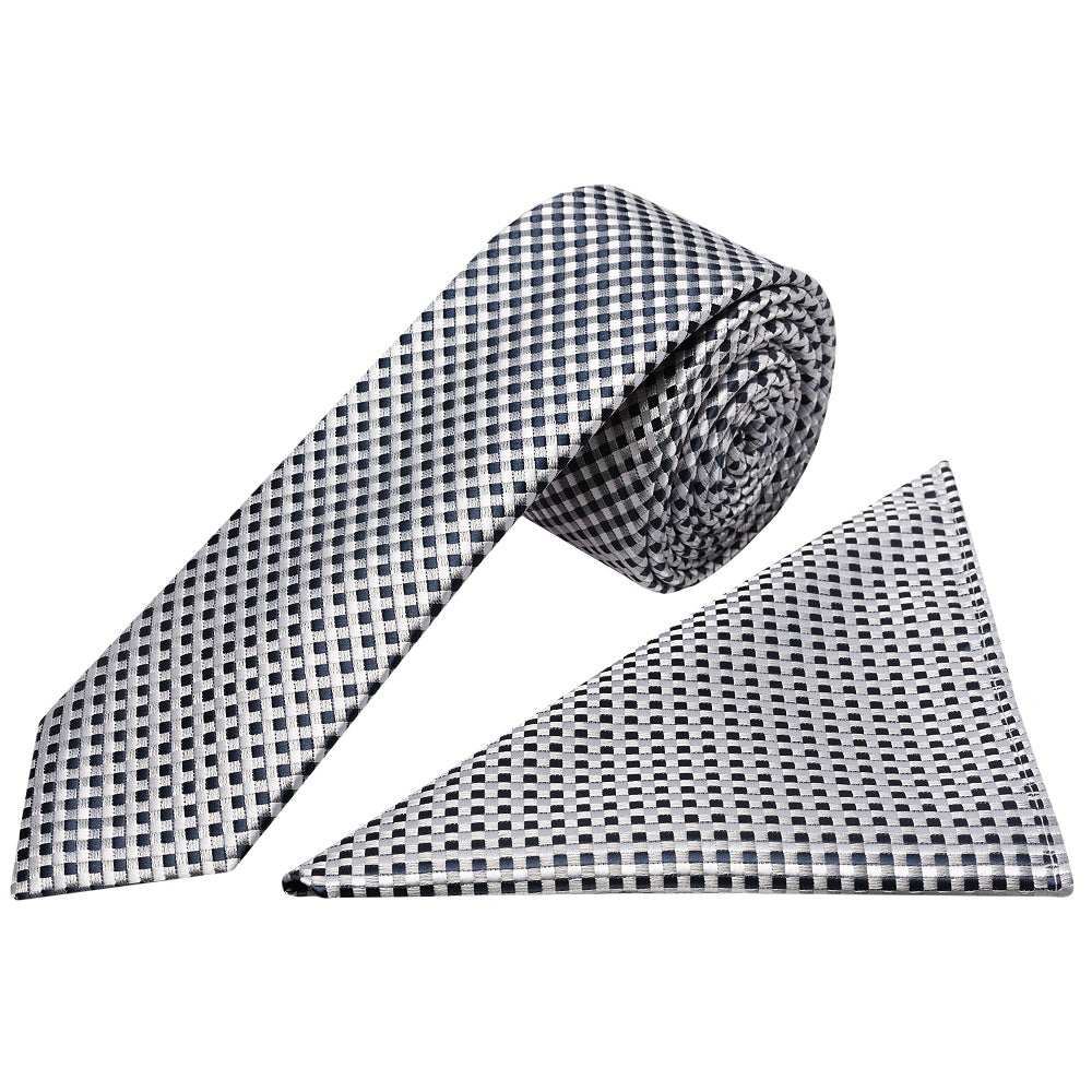 Silver Diamond Neat Skinny Mens Tie And Pocket Square Set 1