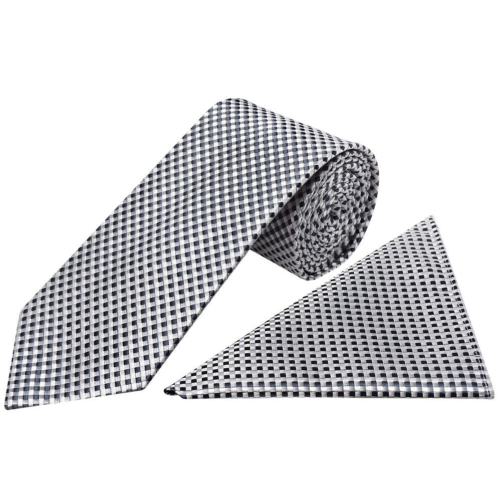 Silver Diamond Neat Classic Mens Tie and Pocket Square Set