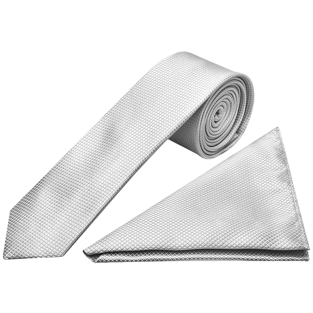 Silver Diamond Skinny Mens Tie And Pocket Square Set 1