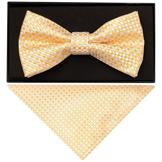 Gold Diamond Neat Mens Bow Tie And Pocket Square Set 1