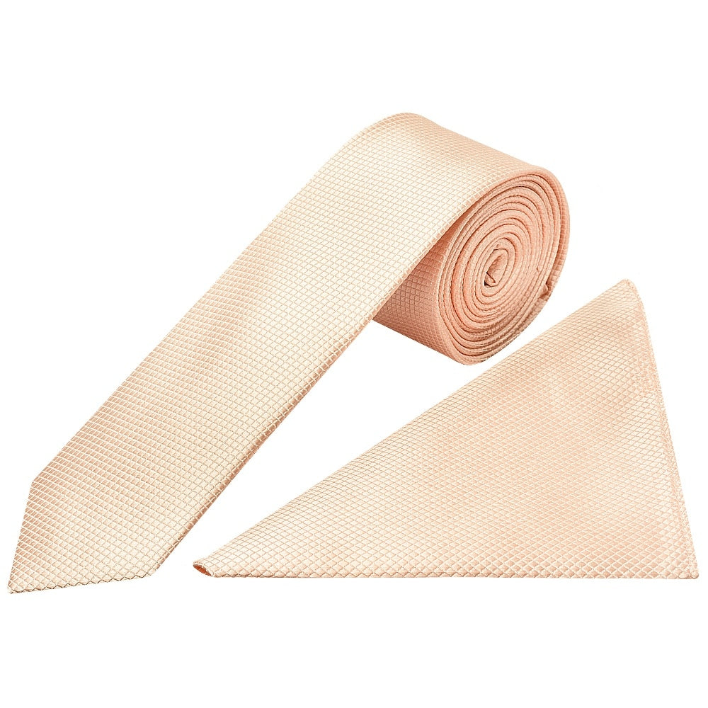 Light Peach Diamond Skinny Mens Tie And Pocket Square Set 1