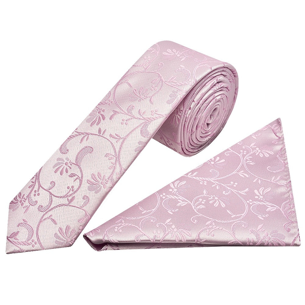 Light Dusty Pink Floral Skinny Mens Tie And Pocket Square Set 1