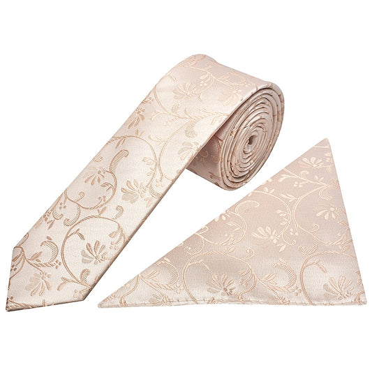 Nude Floral Skinny Boys Tie And Pocket Square Set 1