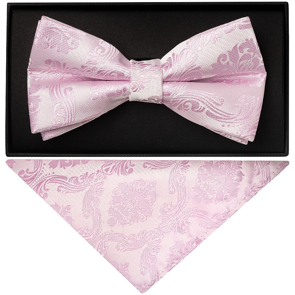 Light Dusty Pink Paisley Handmade Mens Bow Tie And Pocket Square Set 1