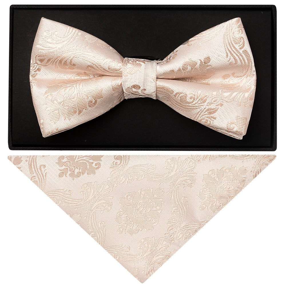 Nude Paisley Mens Handmade Bow Tie And Pocket Square Set 1