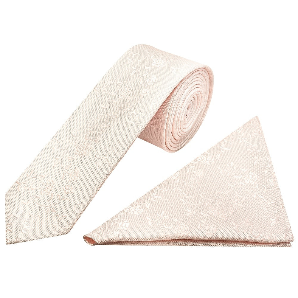 Blush Textured Floral Skinny Mens Tie Pocket Square Set 1