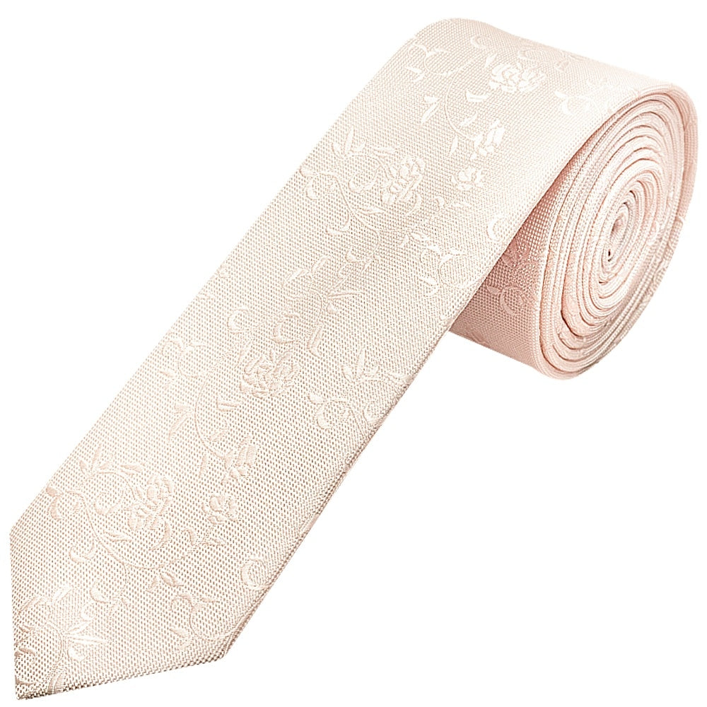 Blush Textured Floral Skinny Mens Tie Pocket Square Set 2