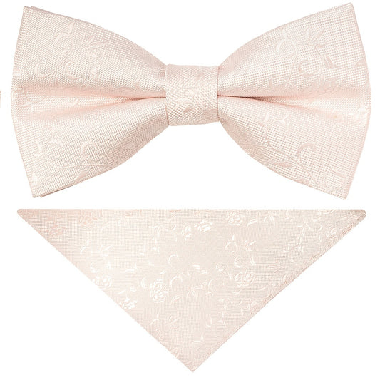 Pre Tied Blush Textured Floral Boys Bow Tie and Pocket Square Set
