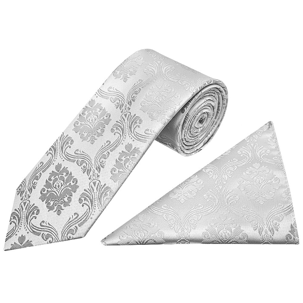 Silver Paisley Classic Mens Tie And Pocket Square Set 1