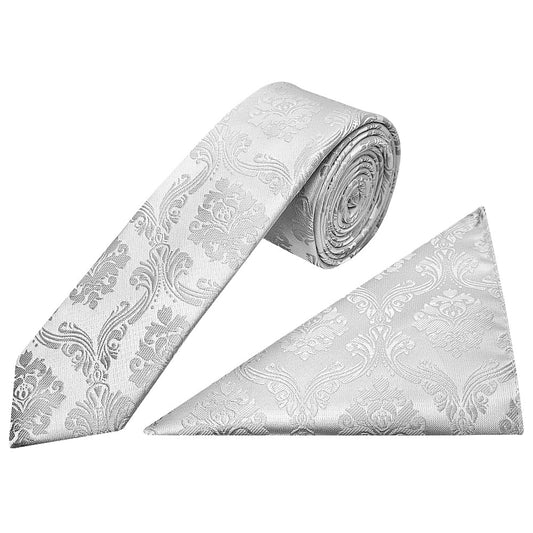 Silver Paisley Skinny Boys Tie And Pocket Square Set 1
