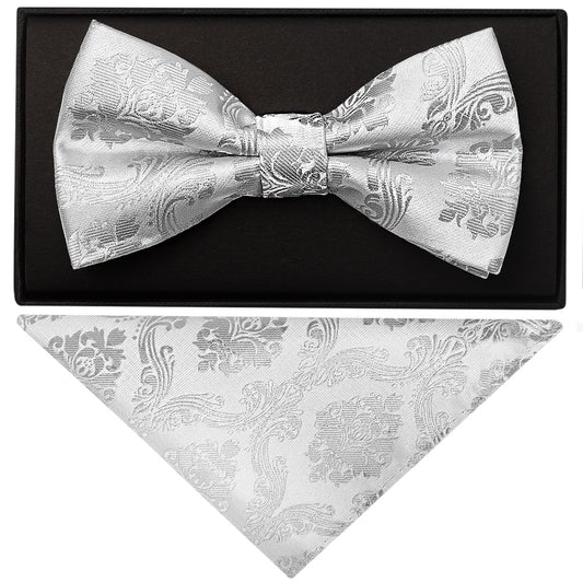 Silver Paisley Handmade Mens Bow Tie And Pocket Square Set 1