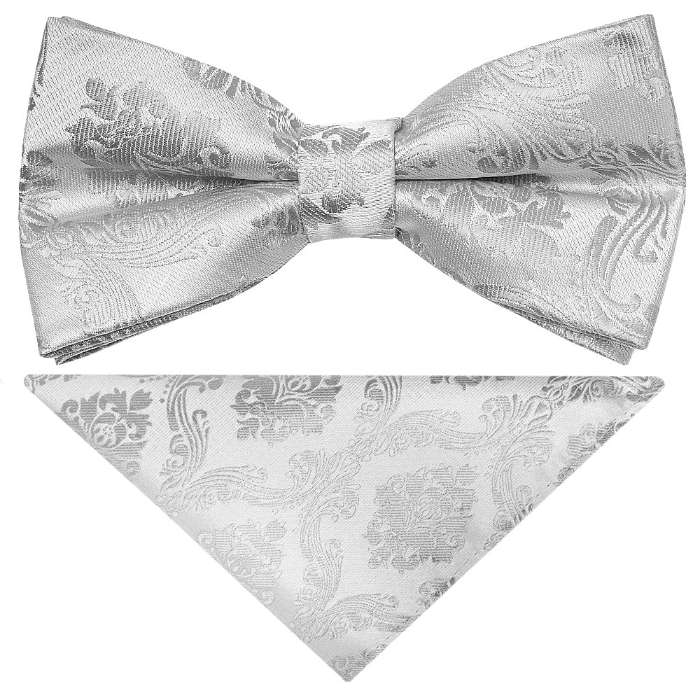 Pre Tied Silver Paisley Boys Bow Tie And Pocket Square Set 1