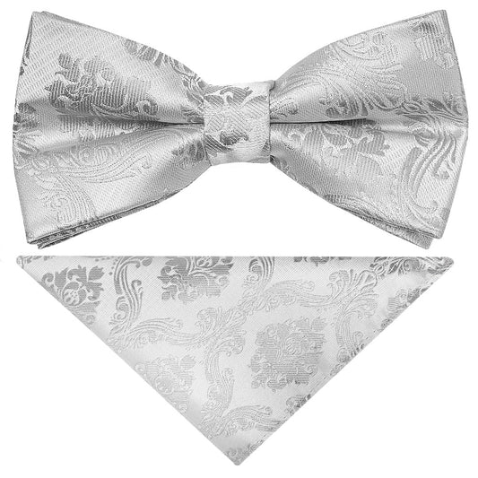 Pre Tied Silver Paisley Boys Bow Tie And Pocket Square Set Age 4 7 1
