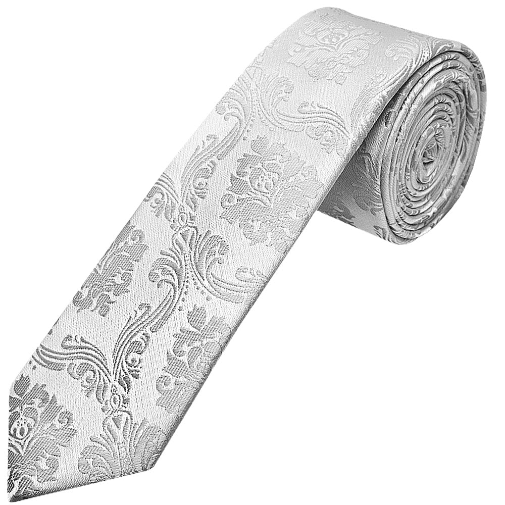 Silver Paisley Skinny Mens Tie And Pocket Square Set 2