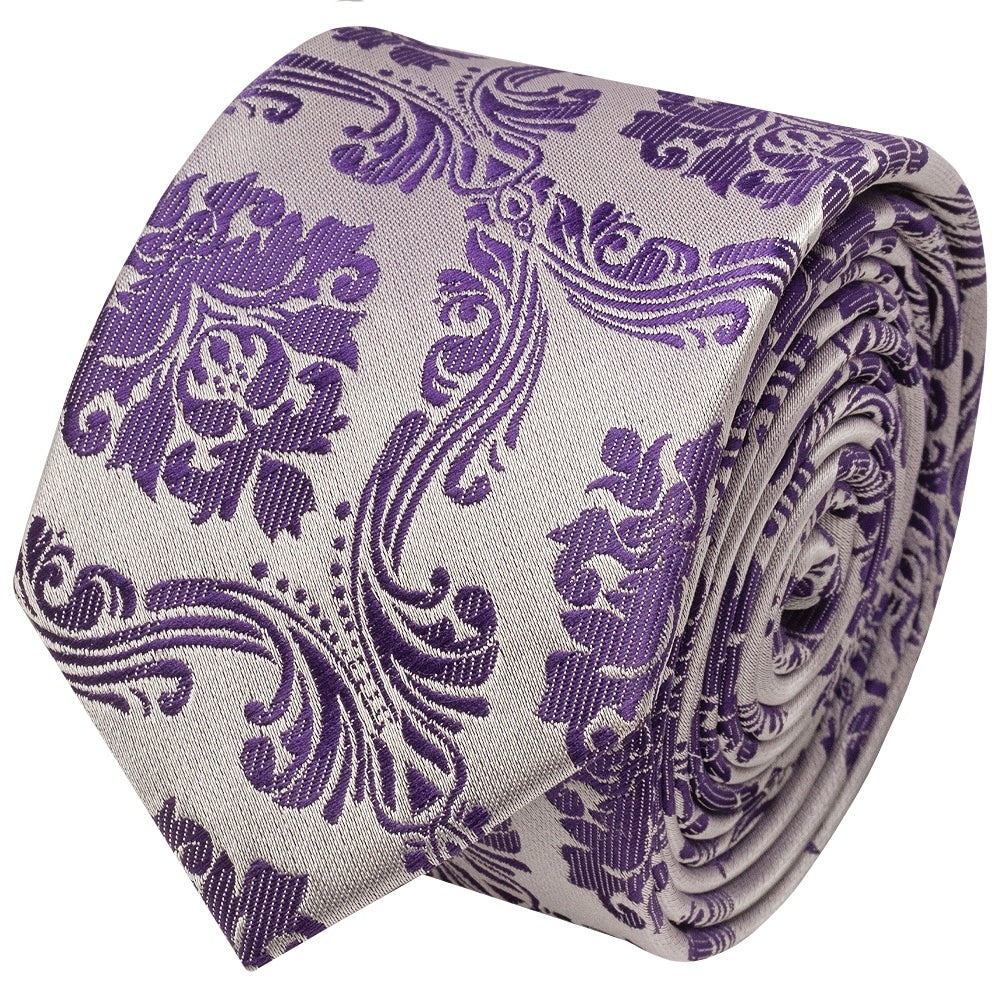 Purple Paisley Skinny Mens Tie And Pocket Square Set 3