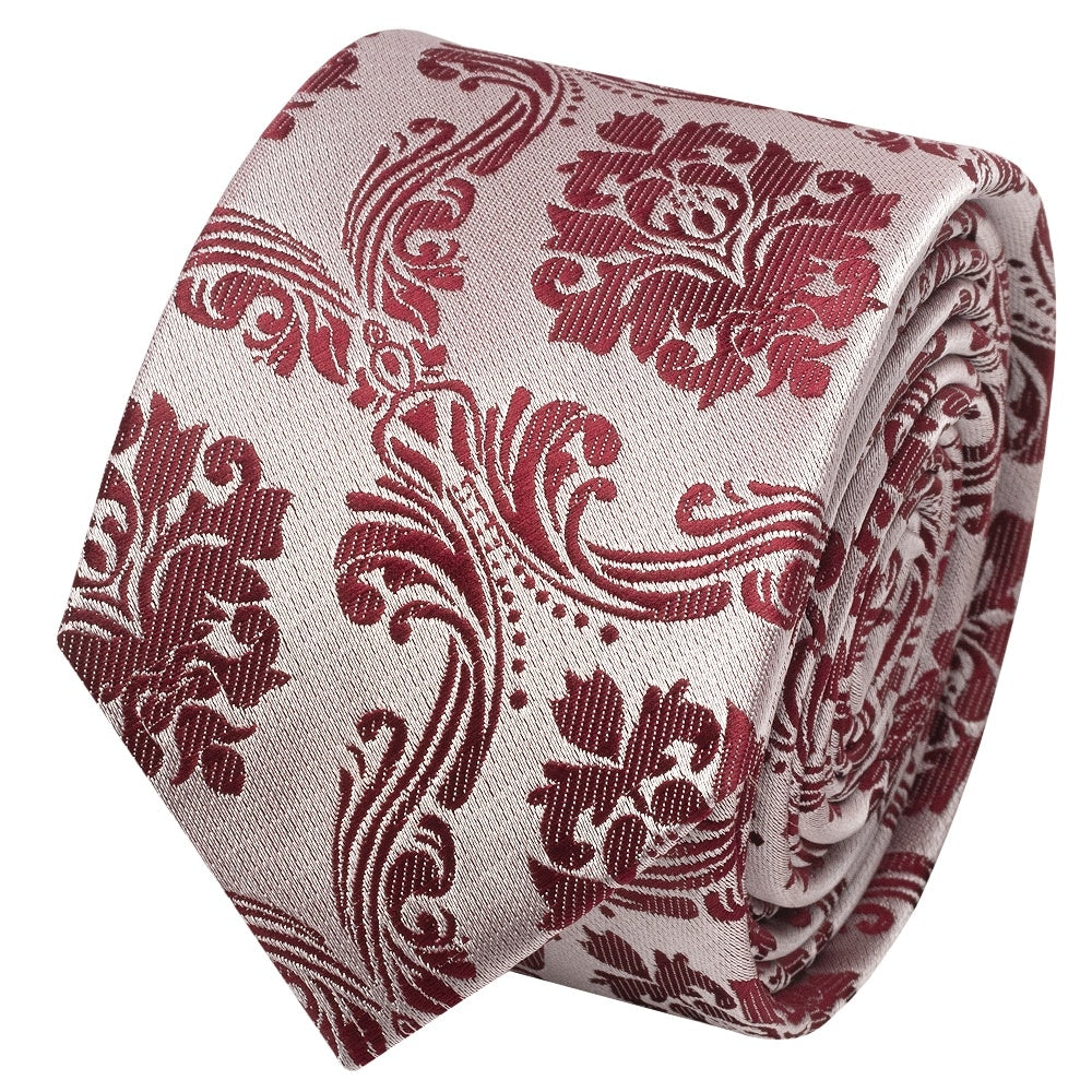 Burgundy Paisley Skinny Mens Tie And Pocket Square Set 3