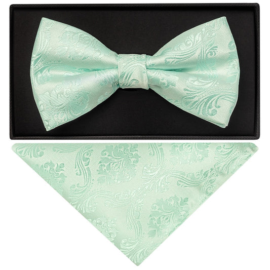 Mint Green Paisley Handmade Mens Bow Tie And Pocket Square Set 1