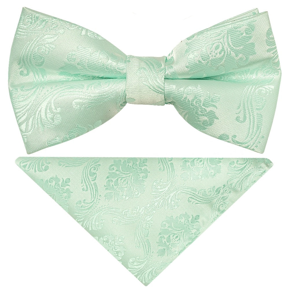 Pre Tied Mint Paisley Boys Bow Tie And Pocket Square Set 1