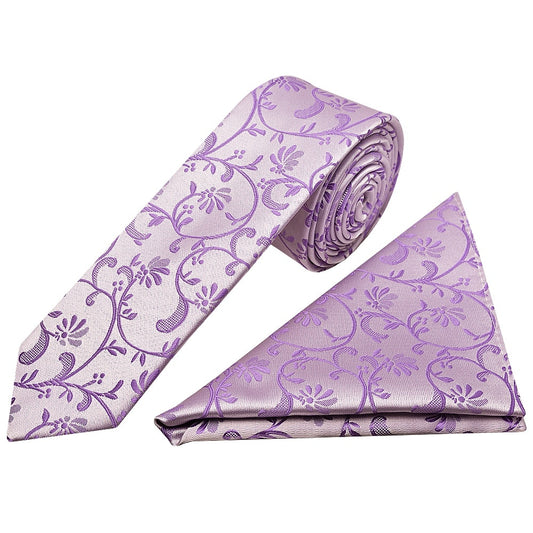 Cadbury Purple Floral Skinny Mens Tie And Pocket Square Set 1