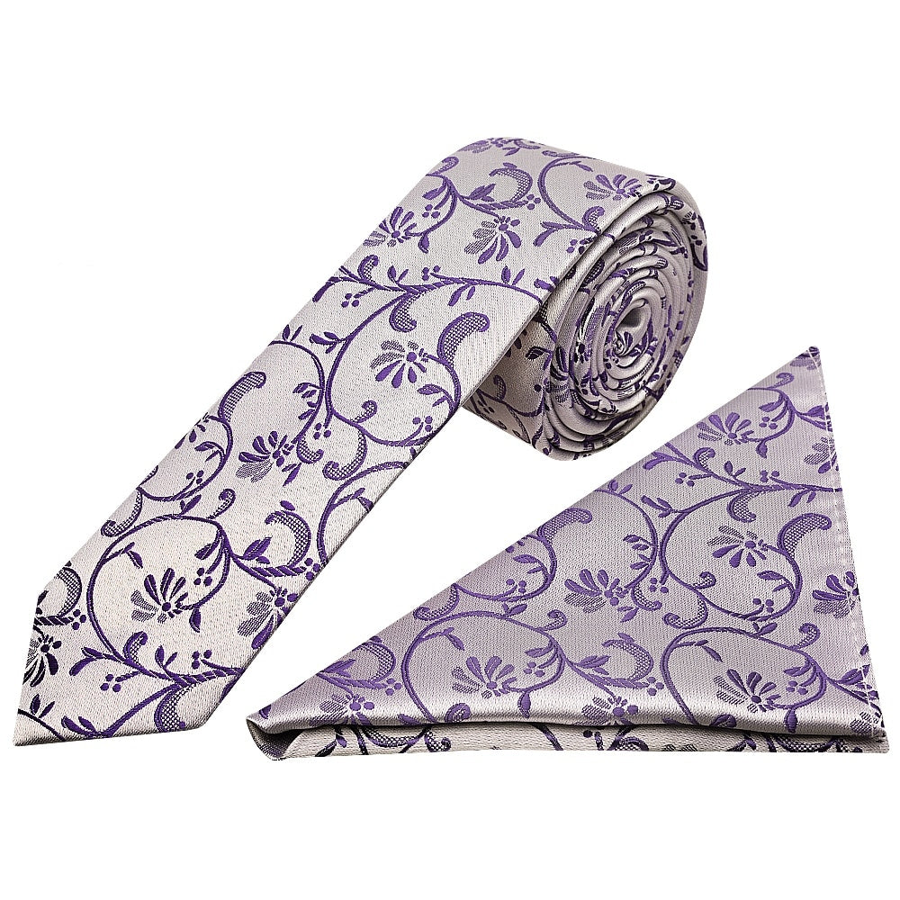 Purple Floral Skinny Boys Tie And Pocket Square Set 1
