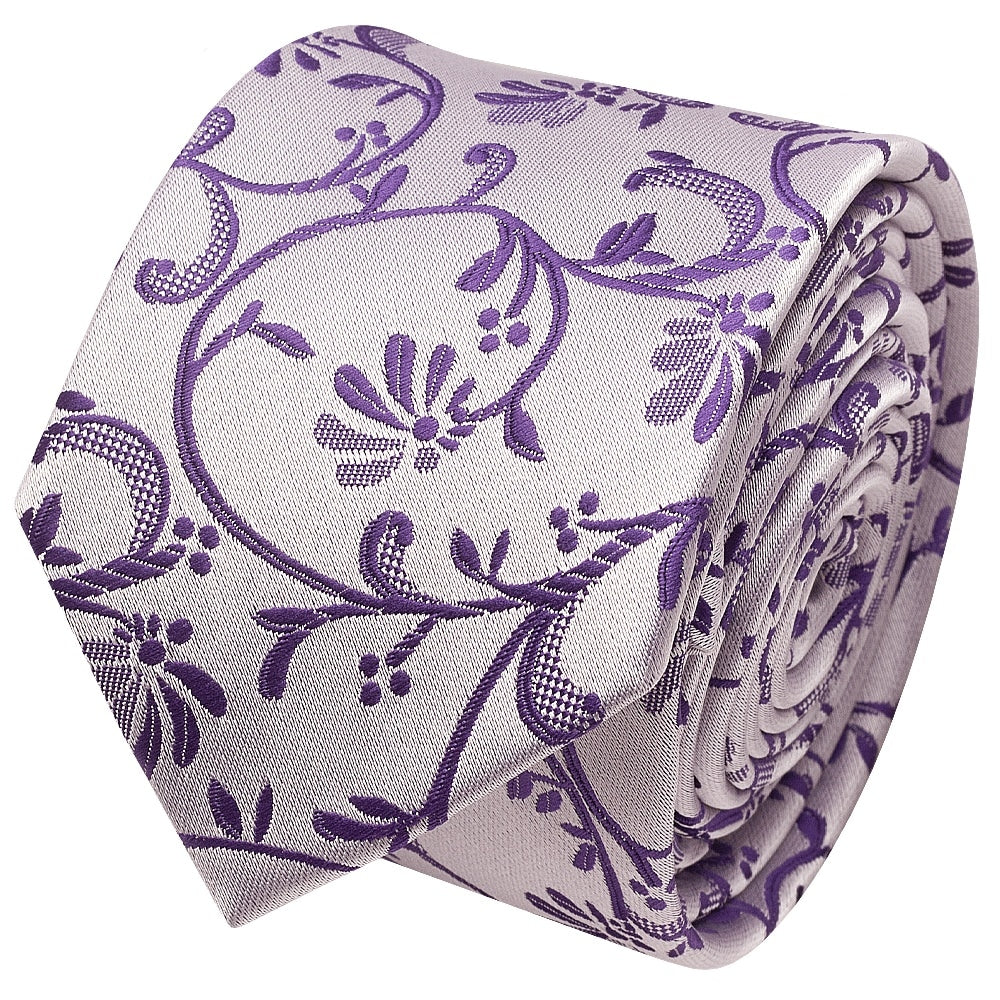 Purple Floral Skinny Boys Tie And Pocket Square Set 3